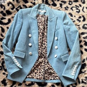Veronica Beard Stylish Light Denim Blazer with Leopard Print Lining